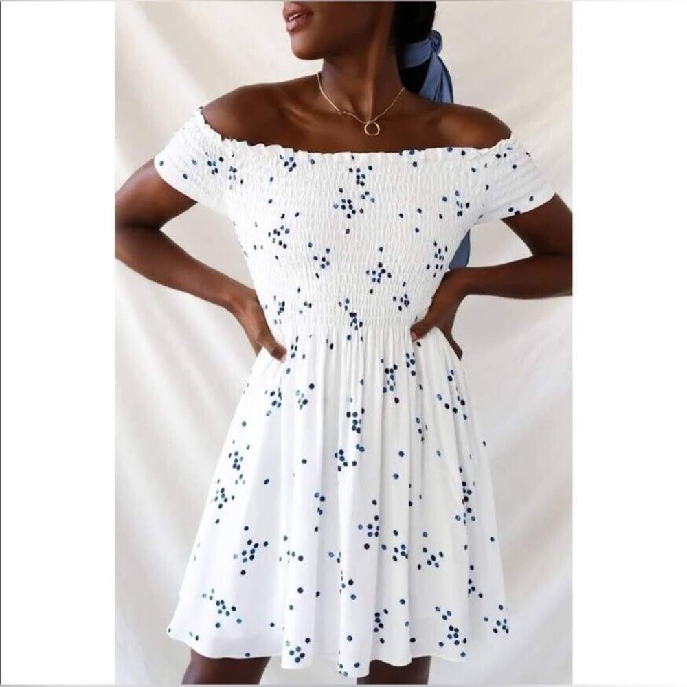 NWT Lulus Santa Monica Pier White/Blue Smocked Off-Shoulder Dress